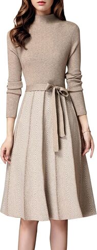 LAI MENG FIVE CATS Women's Elegant Knit Long Sleeve Sweater Stripes Pullover Fall Midi Dress in Saudi Arabia