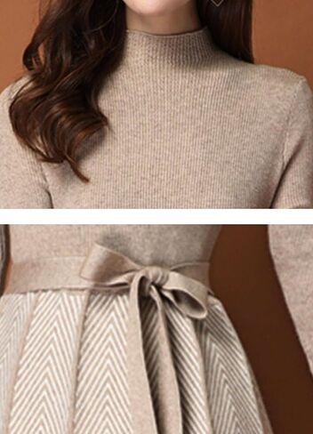LAI MENG FIVE CATS Women's Elegant Knit Long Sleeve Sweater Stripes Pullover Fall Midi Dress in Saudi Arabia