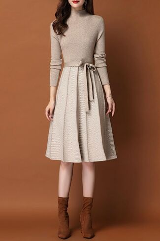 LAI MENG FIVE CATS Women's Elegant Knit Long Sleeve Sweater Stripes Pullover Fall Midi Dress in Saudi Arabia