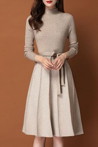 LAI MENG FIVE CATS Women's Elegant Knit Long Sleeve Sweater Stripes Pullover Fall Midi Dress in Saudi Arabia