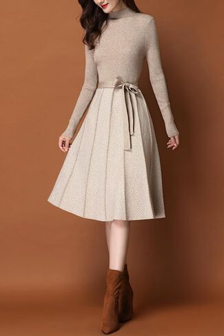 LAI MENG FIVE CATS Women's Elegant Knit Long Sleeve Sweater Stripes Pullover Fall Midi Dress in Saudi Arabia