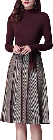 LAI MENG FIVE CATS Women's Elegant Knit Long Sleeve Sweater Stripes Pullover Fall Midi Dress in Saudi Arabia