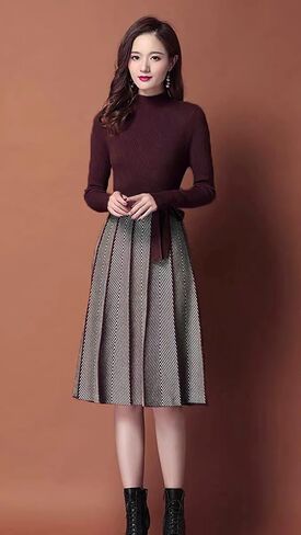 LAI MENG FIVE CATS Women's Elegant Knit Long Sleeve Sweater Stripes Pullover Fall Midi Dress in Saudi Arabia