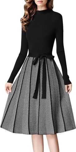 LAI MENG FIVE CATS Women's Elegant Knit Long Sleeve Sweater Stripes Pullover Fall Midi Dress in Saudi Arabia