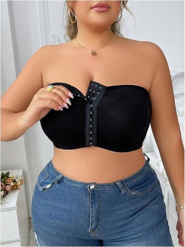 WDIRARA Women's Plus Size Strapless Front Closure Bandeau Bra Seamless Wireless Bralette Tube Top in Saudi Arabia