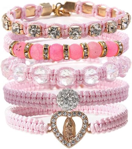 Pink Virgin Mary String Bracelet Set Handmade Mexican Tennis Crystal Boho Bracelets Stack For Women Lucky Friendship Catholic Religious Rosary in Saudi Arabia