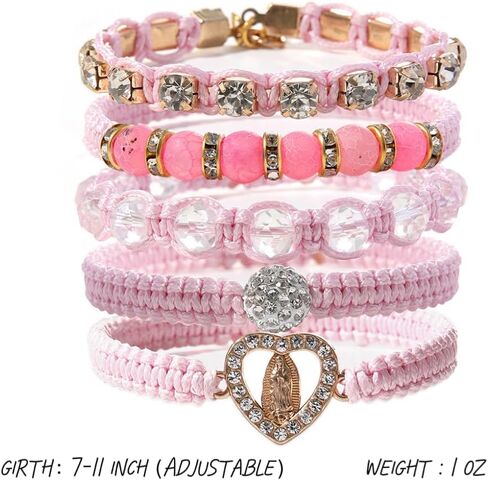 Pink Virgin Mary String Bracelet Set Handmade Mexican Tennis Crystal Boho Bracelets Stack For Women Lucky Friendship Catholic Religious Rosary in Saudi Arabia
