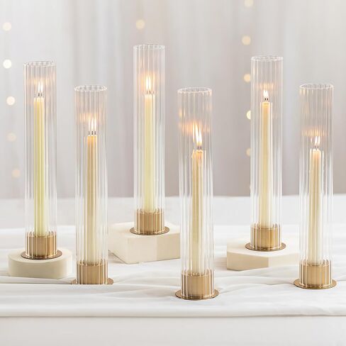 NUPTIO Hurricane Candle Holder for Centerpiece: Set of 10 Metal Taper Candle Holders with Fluted Glass Cylinders - Gold Candlestick Holders Bulk for Outdoor Party Dinner Wedding Table Decoration in Saudi Arabia