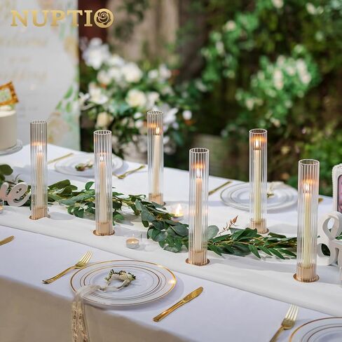NUPTIO Hurricane Candle Holder for Centerpiece: Set of 10 Metal Taper Candle Holders with Fluted Glass Cylinders - Gold Candlestick Holders Bulk for Outdoor Party Dinner Wedding Table Decoration in Saudi Arabia