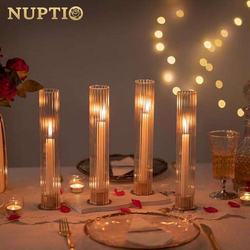 NUPTIO Hurricane Candle Holder for Centerpiece: Set of 10 Metal Taper Candle Holders with Fluted Glass Cylinders - Gold Candlestick Holders Bulk for Outdoor Party Dinner Wedding Table Decoration in Saudi Arabia