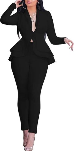 Sexyshine Women's 2 Piece Pants and Blazer Sets Long Sleeve Ruffle Hem Peplum Blazer and Bodycon Long Pants Outfits in Saudi Arabia