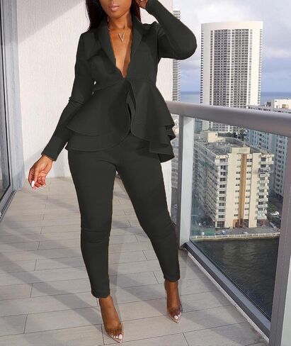 Sexyshine Women's 2 Piece Pants and Blazer Sets Long Sleeve Ruffle Hem Peplum Blazer and Bodycon Long Pants Outfits in Saudi Arabia