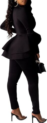 Sexyshine Women's 2 Piece Pants and Blazer Sets Long Sleeve Ruffle Hem Peplum Blazer and Bodycon Long Pants Outfits in Saudi Arabia