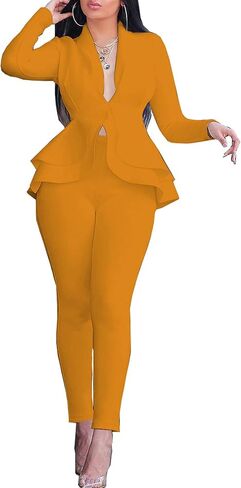 Sexyshine Women's 2 Piece Pants and Blazer Sets Long Sleeve Ruffle Hem Peplum Blazer and Bodycon Long Pants Outfits in Saudi Arabia