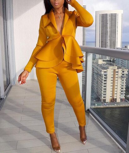 Sexyshine Women's 2 Piece Pants and Blazer Sets Long Sleeve Ruffle Hem Peplum Blazer and Bodycon Long Pants Outfits in Saudi Arabia