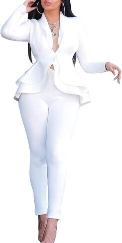 Sexyshine Women's 2 Piece Pants and Blazer Sets Long Sleeve Ruffle Hem Peplum Blazer and Bodycon Long Pants Outfits in Saudi Arabia