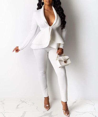 Sexyshine Women's 2 Piece Pants and Blazer Sets Long Sleeve Ruffle Hem Peplum Blazer and Bodycon Long Pants Outfits in Saudi Arabia
