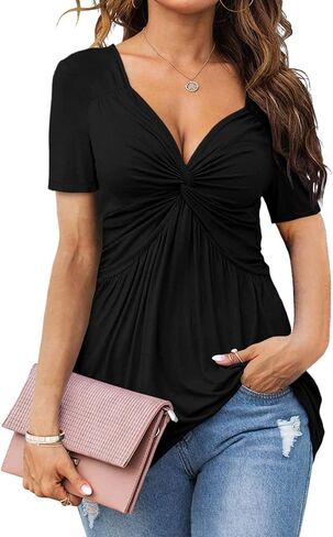 Tankaneo Womens Front Knotted V-Neck Blouse T Shirt Short Sleeve Oversized Tunic Tops Summer Solid Pullover Tees in Saudi Arabia