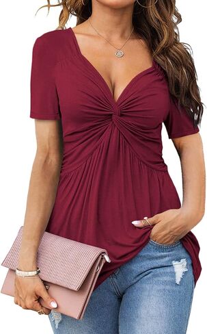 Tankaneo Womens Front Knotted V-Neck Blouse T Shirt Short Sleeve Oversized Tunic Tops Summer Solid Pullover Tees in Saudi Arabia