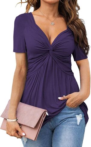 Tankaneo Womens Front Knotted V-Neck Blouse T Shirt Short Sleeve Oversized Tunic Tops Summer Solid Pullover Tees in Saudi Arabia