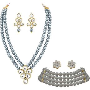 Aheli Pearl Beaded Choker Necklace with Stud Earrings for Women Indian Traditional Bollywood Jewelry Set