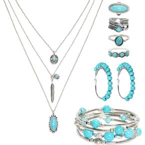 Fumwase 7PCS Bohemian Turquoise Jewelry Set Turquoise Necklace Earrings Rings Western Layered Bracelets Western Jewelry for Women (Elegance)