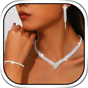 Sixexey Rhinestone Wedding Jewelry Set Silver Bridal Necklace Earrings Party Prom Costume Jewelry Accessories for Women