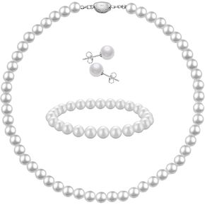 la luen Pearl Necklace Set for Women,8mm Round Natural Shell pearls Necklace Bracelet Earrings Jewelry Birthday Christmas Gift for Mom Wife Sister Friend,Gift Box