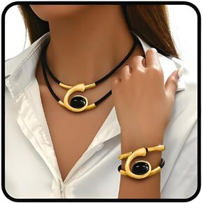 Gold Jewelry Set, Silver Black Boho Western Double Layered Chunky Vintage Pendant Necklace Stack Trendy Adjustable Non Tarnish Bracelet Cowgirl Dainty Hypoallergenic Earrings Jewelry Sets For Women