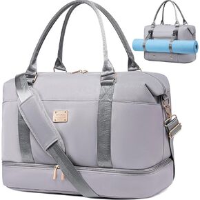 Weiatas Travel Duffel - Weekender Overnight Bag for Women, Sport Gym Carry On Tote with Shoe Compartment, Wet Pocket, Luggage Strap & Yoga Mat Strap (Grey)