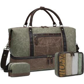 Duffel Bag for Travel: Leather Weekender Overnight Bag Vintage Waxed Canvas Duffle Bag with Shoe Compartment & 2 Packing Cubes, Waterproof Camping Gym Sports Bags for Mens (Army Green)