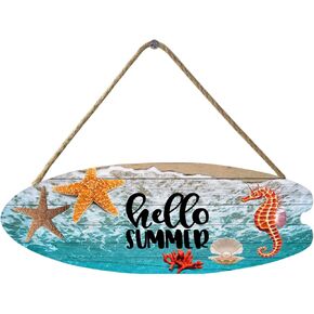 KPSheng Beach Sign A Day At The Beach Restores The Soul Sign Surfboard Decor Hanging Sea Decorations Starfish Wall Beach Plaque Door Wall Decor Sign With Sea Horse and Scallop Decoration,18x6.4in