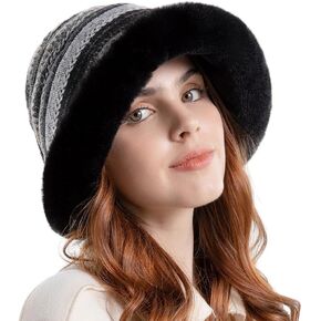 Womens Wide Brim Caps Printed Plush Earflap Faux Fur Winter Warm Fisherman Bucket Hats