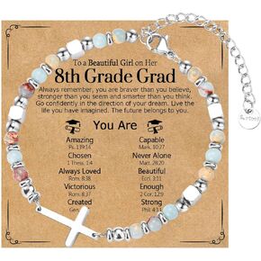Graduation Gifts for Her- Class of 2025 Primary Middle High School College Grad Gift, Adjustable Stainless Steel Beaded Cross Bracelet for Girls & Women