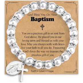 Pearl Cross Charm Bracelet for Girls, Baptism First Communion Easter Confirmation Gifts for Teens Girls Kids, Catholic Religious Christian Jewelry for Teens Goddaughter