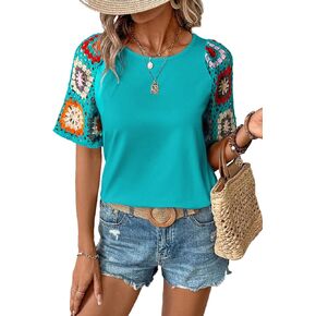 Shewin Womens Summer Tops Disual Short Shirts Tirts Crewneck Boho Crochet Ploral Print Shirt