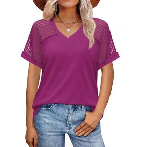JUSTFASHIONNOW Women's Summer Casual Tops Raglan Short Sleeve V Neck Shirts Trendy 2025 Cute Ladies Blouses Business Outfits