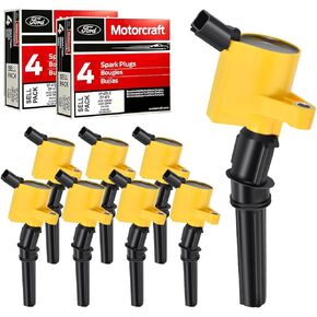 MAS Set of 8 Yellow Ignition Coils Pack Curved Boots DG508 & 8 Motorcraft Platinum Spark Plug SP479 Compatible with Ford F150 F250 Super Duty E350 E450 Expedition Lincoln Navigator DG457 DG472 DG491