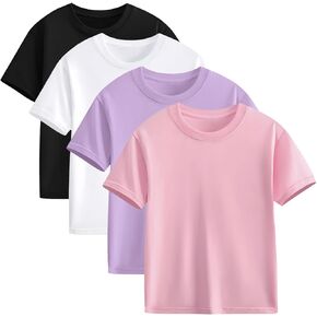 Gihuo 4 Pack Girls Shirts Cotton Short Sleeve Shirts Soft Summer Tops for Kids Girls Basic Tees T-Shirts