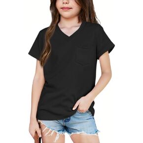 Haloumning Girls V Neck Short Sleeve Shirts with Pocket Kids Summer Causal Side Slit T-Shirt Tops 5-14 Years