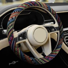 Boho Steering Wheel Cover, Ethnic Style Car Steering Wheel Cover Protector, Anti-Slip Flax Cloth Cover Universal Fits 14.5-15 Inch Steering Wheel, Interior Car Accessories(D Style)