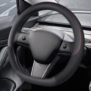 KAFEEK Steering Wheel Cover for Tesla Model 3/Y, Microfiber Leather Steering Wheel Protector, Breathable, Anti-Slip, Warm in Winter and Cool in Summer, for Tesla Model 3/Y Accessories, Black