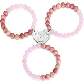 Jovivi Best Friend Forever/Sister Bracelets for 3 Heart Matching Bracelets 8mm Natural Rose Quartz & Rhodonite Energy Stone Gemstone Healing Yoga Beaded Bracelet Birthday Gifts for Women