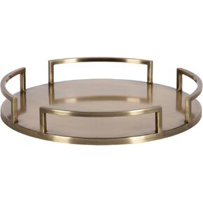 Kate and Laurel Gohana Round Tray with Metal Handles, 16 Inch Diameter, Antique Brass, Modern Glam Serving Tray with Handles for Use as Ottoman Topper or Living Room Decor