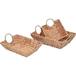 happimess TRY2000A-3SET Rowan Bohemian Cottage Handwoven Hyacinth Rectangular Decorative Basket Trays with Handles, Natural (Set of 3) for Storage and Decoration in Bathroom, Bedroom, Living Room