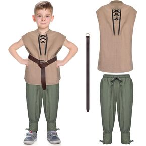 Boys Renaissance Pirate Shirts and Ankle Pants with Belt, Kids Medieval Viking Pirate Scottish ank Tops Costume