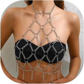 Punk Multilayer Mesh Top Circle Cross Chain Halter Chest Chain Bikini Harness Body Chain Sexy Party Clubwear Body Jewelry for Women