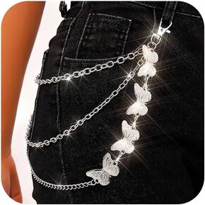 Butterfly Layered Pants Chain Silver Punk Jean Chains Goth Wallet Accessories for Women and Men