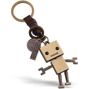 Vintage Leather Keychain with Zinc Alloy Robot Pendant Punk Rock Style, Genuine Leather Key Holder, Retro and Unique Design