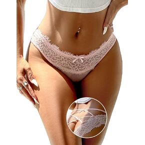 ohyeah Women Plus Size Cheeky Panties Eyelash Lace Thong Sexy V-Back Criss Cross Underwear 1-2Pack